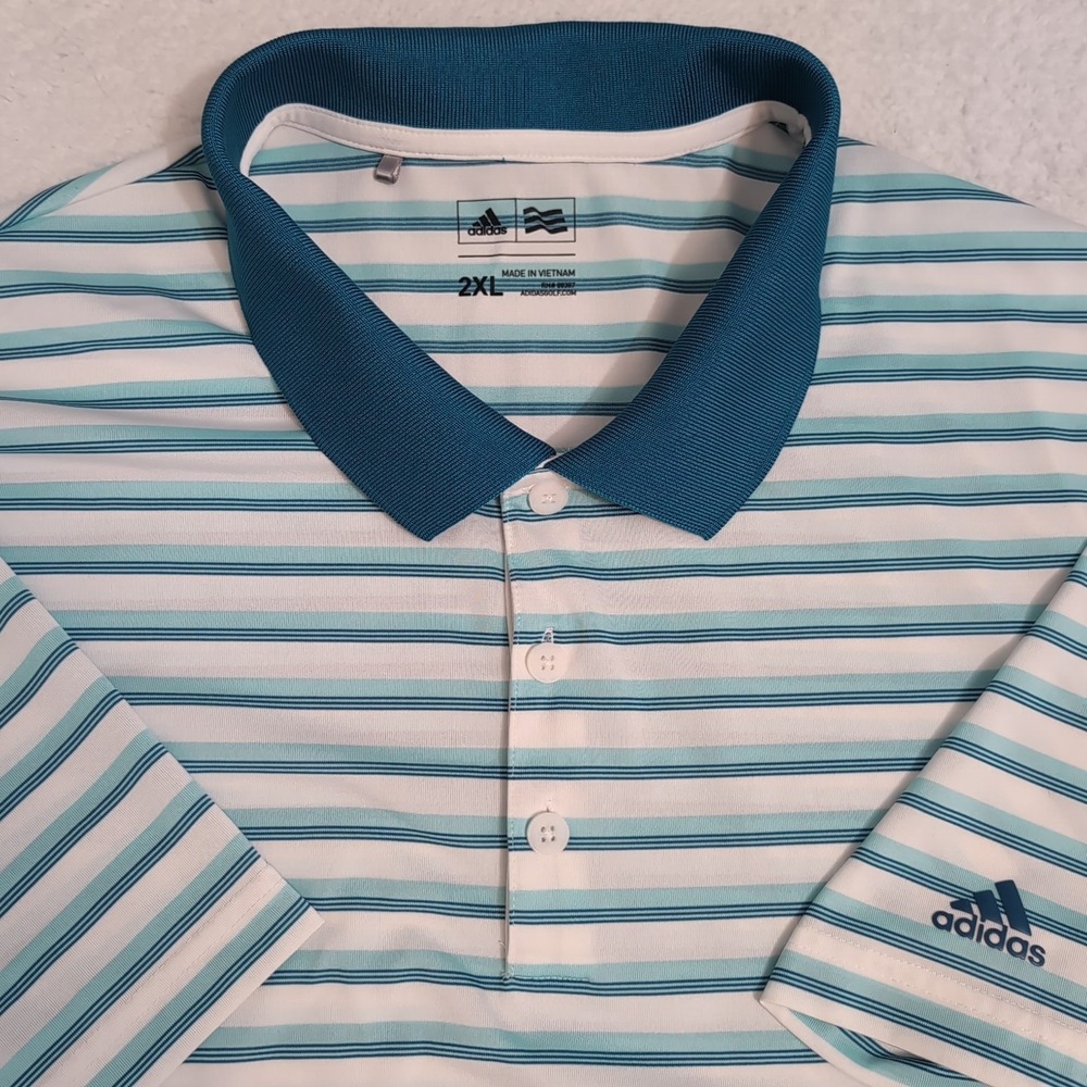 Adidas Golf Polo Shirt Blue White Striped Polyester Stretch Men's 2XL S/S